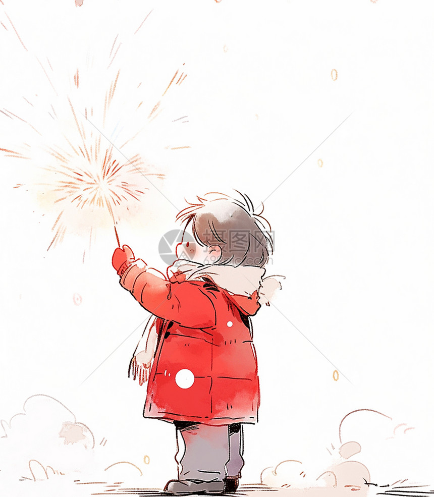 穿着红色外套正在手举着烟花开心放烟花的卡通小男孩图片