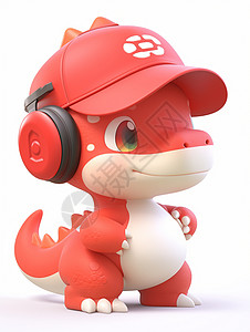 红色耳麦面带微笑红色立体的卡通龙戴着棒球帽和耳麦插画