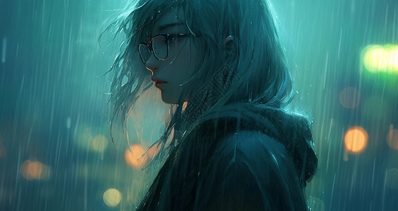 失落女人大雨的夜晚心情失落淋雨的卡通女孩插画