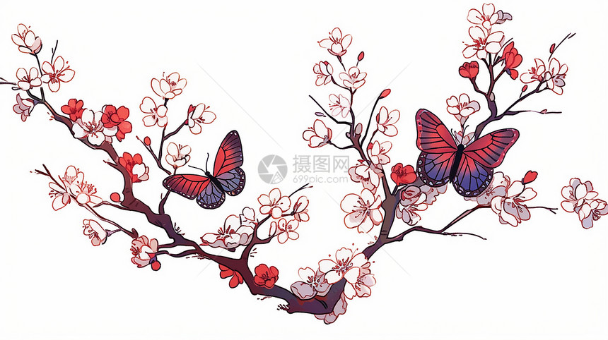 张开翅膀飞舞在桃花树旁的卡通蝴蝶图片