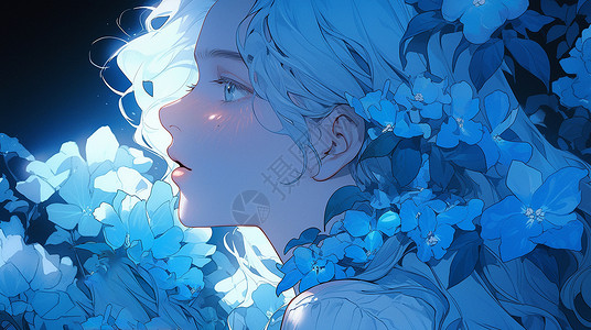 夜晚头戴蓝色花朵长发漂亮的卡通女孩头像背景图片