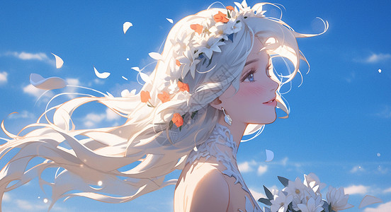 蓝天白云下头带花环长发飘飘的小清新卡通女孩背景图片
