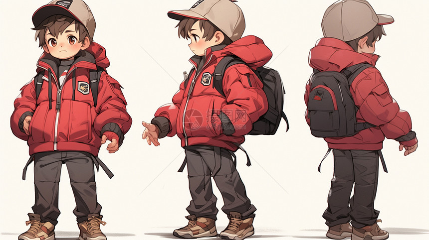 背着小书包穿着红色外套的卡通小男孩三视图图片