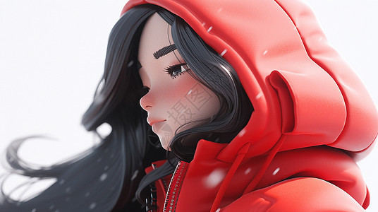 穿着大红色厚外套在大雪中的黑色长发卡通女孩背景图片