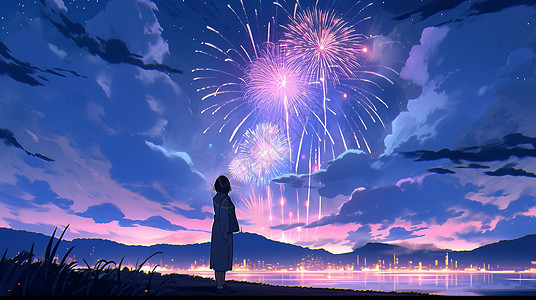 夜晚站在湖边欣赏烟花的卡通女孩背影背景图片