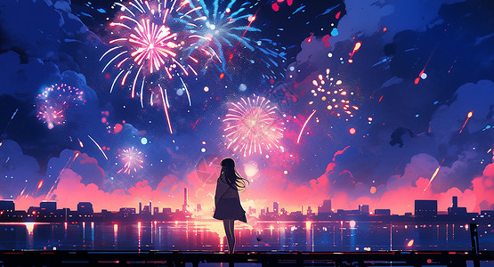 城市夜景卡通站在湖边欣赏远处城市在放着的烟花的卡通女孩背影插画