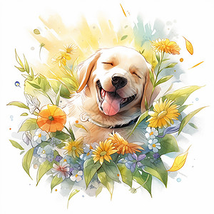 伸舌头开心笑的可爱卡通小狗水彩画高清图片