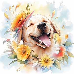 金毛狗脊头上戴着黄色小花开心笑的可爱卡通小狗水彩画插画