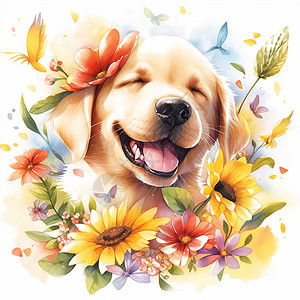 被各种漂亮的花朵围绕开心笑的可爱卡通小狗高清图片