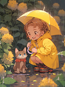 看着远方的猫撑着黄色雨伞大雨中看着可爱的小花猫开心笑的卡通小女孩插画