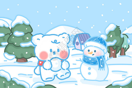 冬天堆雪人的小白熊图片