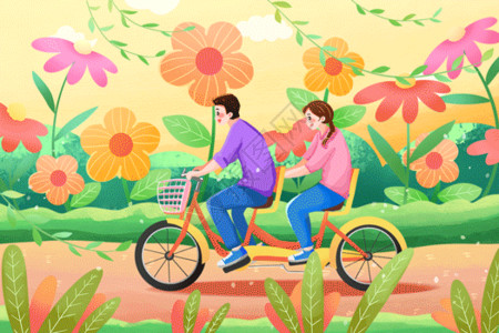 情侣春天插画春天春游踏青旅游骑行的情侣GIF高清图片