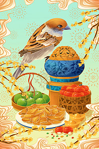 榛子坚果糕点二十四节气立春吃传统糕点青团插画