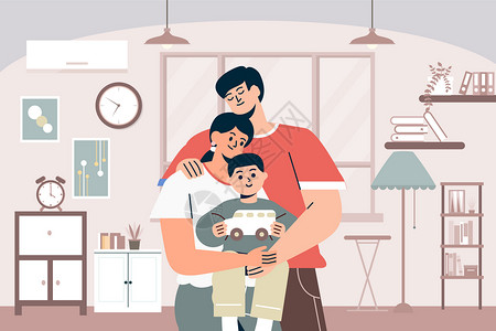 家庭客厅背景国际拥抱日一家人插画