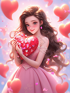 粉色长发公主抱着红色爱心温柔漂亮的长发卡通女孩插画