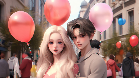 拿着喜庆的气球参加活动的卡通青年男孩女孩背景图片