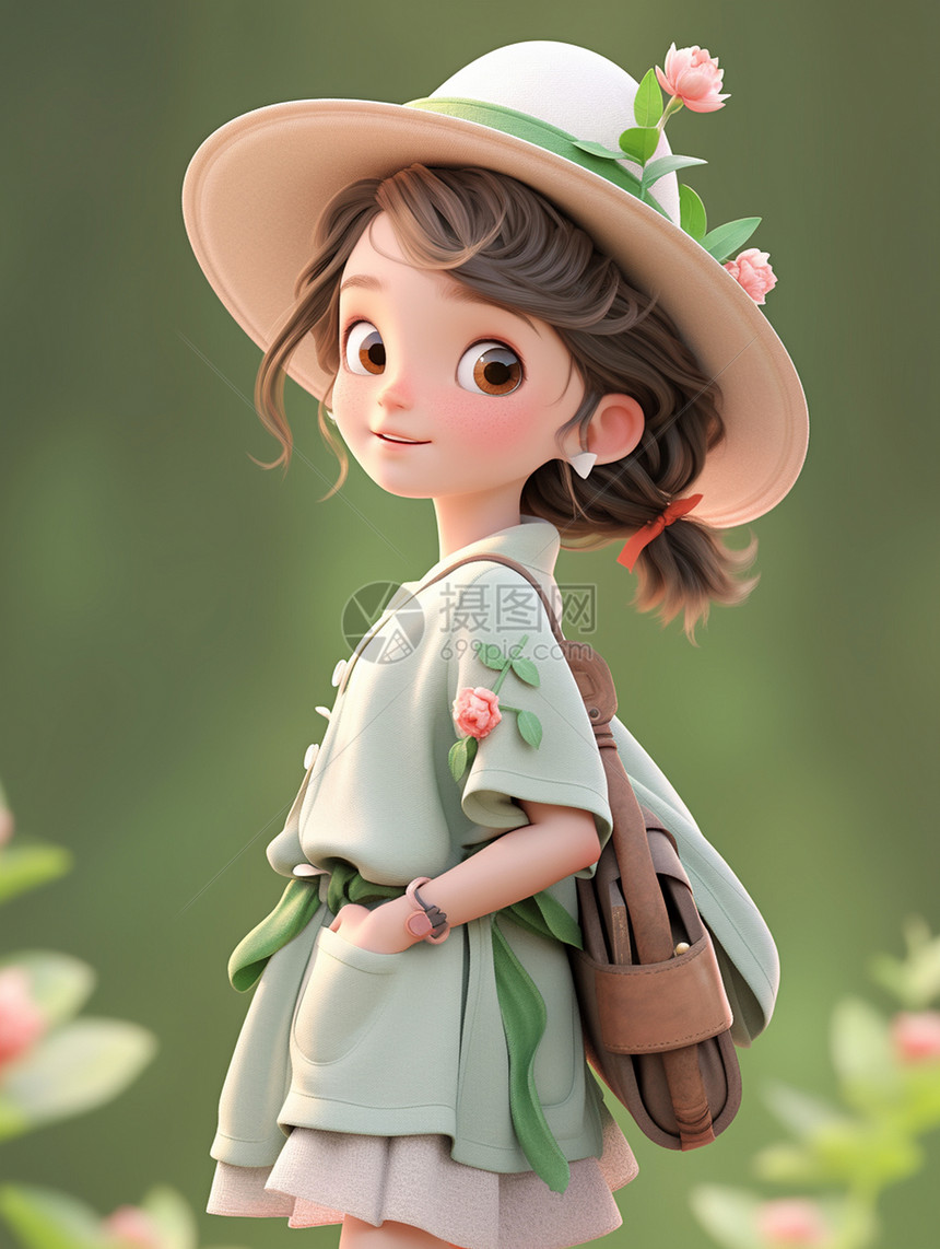 戴着绿色棒球帽背着小包的大眼睛可爱卡通小女孩图片