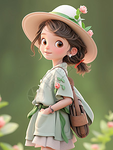 可爱小女孩形象戴着绿色棒球帽背着小包的大眼睛可爱卡通小女孩插画