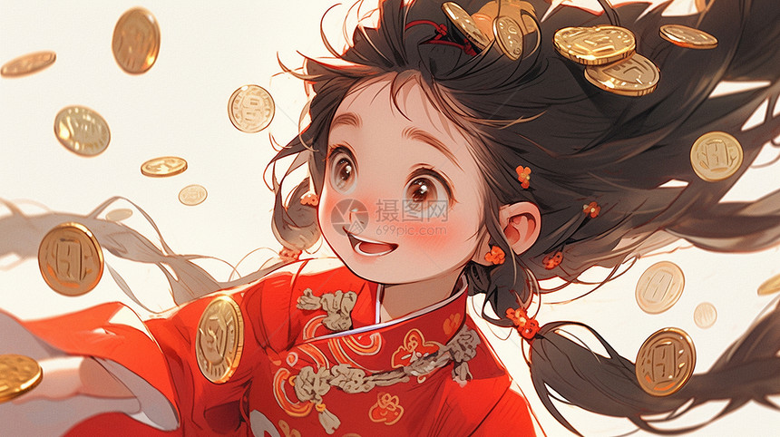 穿着红色古风服装卡通小女孩看着漫天飞的金币开心笑图片