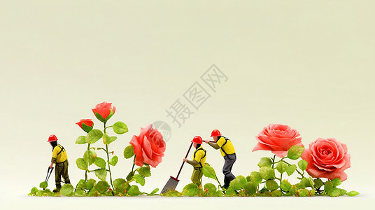 在玫瑰花园中忙碌的卡通农民背景图片