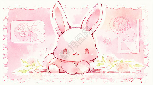 邮票风趴着的粉色可爱卡通小白兔插画