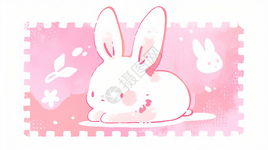 邮票风呆萌可爱的卡通小白兔趴在地上插画