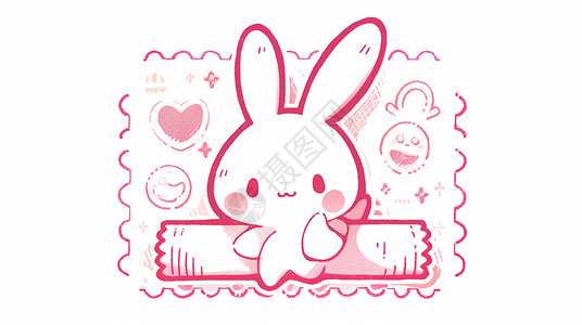 红邮票长长的耳朵红脸蛋可爱的卡通小白兔插画