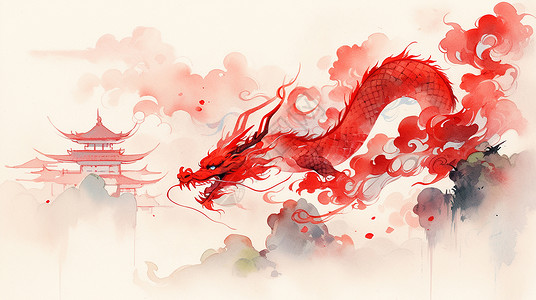红色龙抬头背景在祥云上飞舞的红色古风卡通龙插画