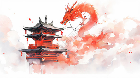 红色喜庆的水墨风卡通龙飞在祥云之上看着古风卡通建筑背景图片