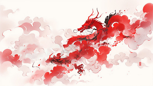 红色喜庆的卡通龙飞舞在祥云之上中国风插画背景图片