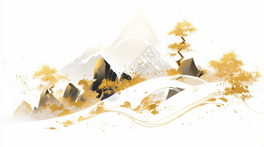 兰花与石中国画山坡上金黄色古松树与异石唯美卡通风景画插画