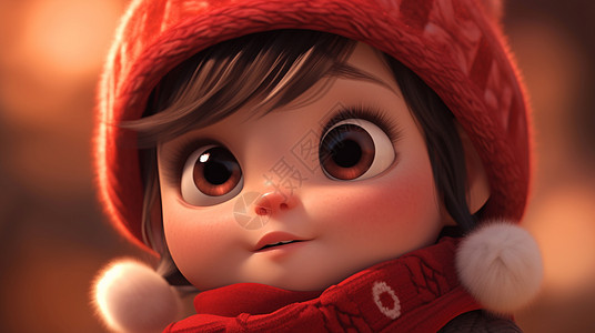 带红帽子的小女孩戴着红帽子围着红色围巾大眼睛可爱的卡通小女孩插画