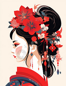 头戴红色花朵黑色盘发优雅漂亮的古风卡通女人背景图片