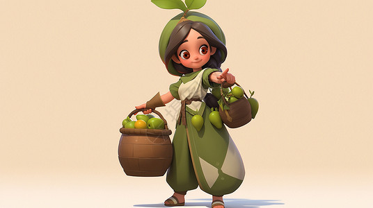 可爱的卡通小女孩手提水果篮面带微笑背景图片