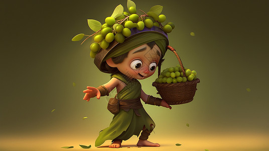 头戴绿色水果花环的卡通男孩手端着一竹篮子绿色水果背景图片