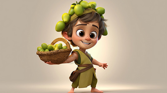 卡通水果篮可爱的卡通小男孩头上戴着绿色水果花环手端着一篮水果开心笑插画