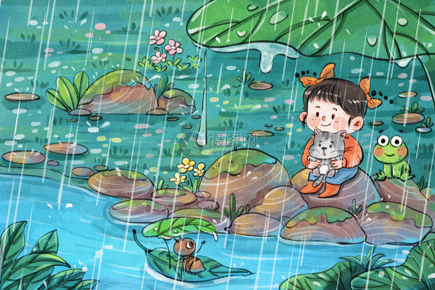 手绘水彩躲雨的女孩与动物治愈系插画图片