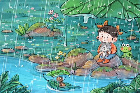 手绘水彩躲雨的女孩与动物治愈系插画背景图片