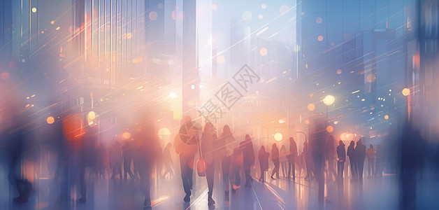 城市模糊清晨城市中抽象的人群剪影在忙碌走路插画