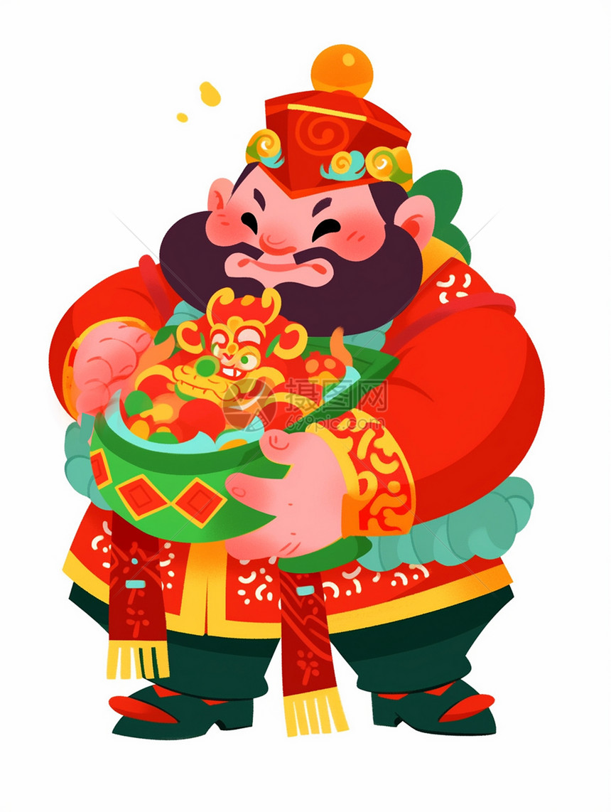 穿着喜庆的红色古风服装抱着聚宝盆的卡通老爷爷开心笑图片