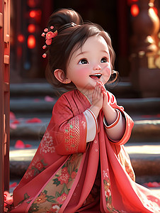 春节服装穿红色古风服装双手合十开心笑祈福的卡通女孩插画