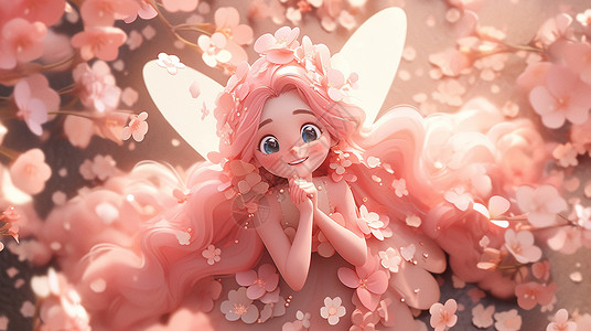 在粉色花丛中一个粉色长发漂亮的卡通小公主在开心笑高清图片