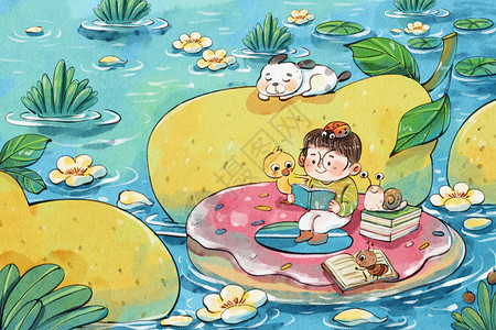 芙蓉湖手绘水彩惊蛰之看书的男孩与梨可爱治愈系插画插画