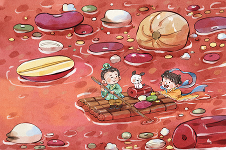 五谷杂粮图片手绘水彩腊八节之古风腊八粥划船创意可爱插画插画