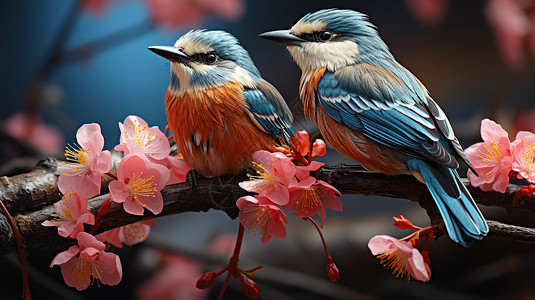 春天树枝上的两只小鸟背景图片