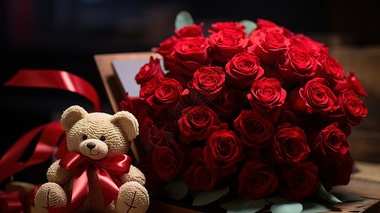 情人节红玫瑰和泰迪熊背景图片