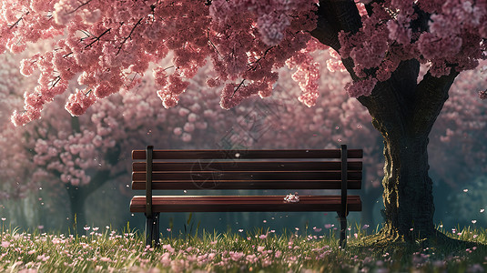 春天樱花树下长椅背景图片
