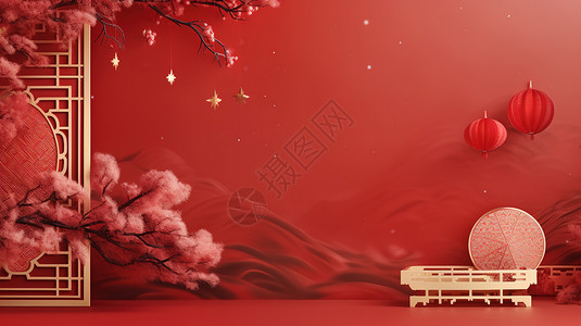 红色中式中式年货电商红色背景插画