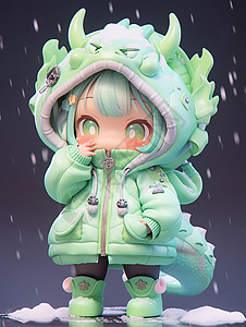 2024龙年主题背景冬天大雪中穿着绿色龙主题羽绒服可爱的卡通小女孩插画