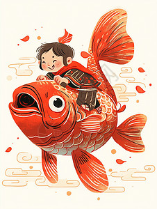 骑着鲤鱼猪国风骑着红色锦鲤开心笑的卡通小男孩插画